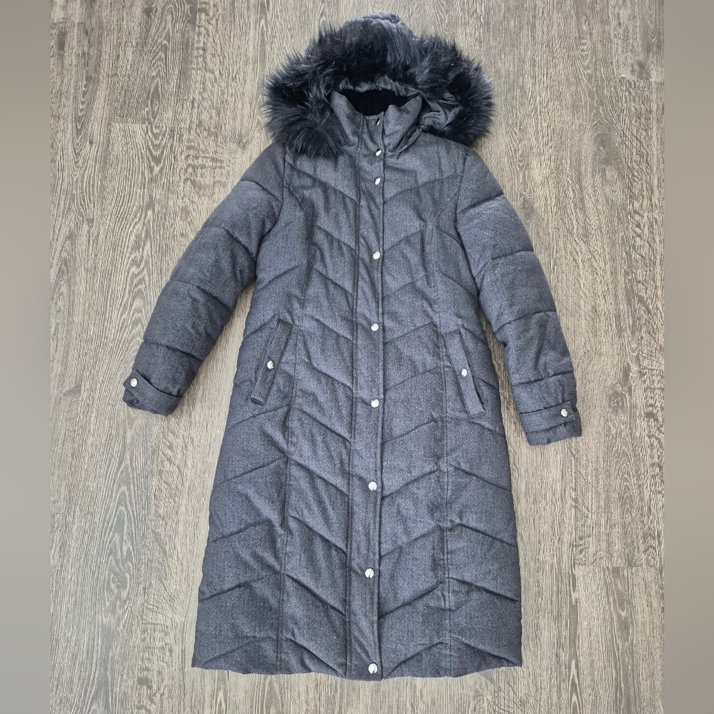 Liz Claiborne Gray Black Herringbone Hooded Puffer Jacket Coat Small S